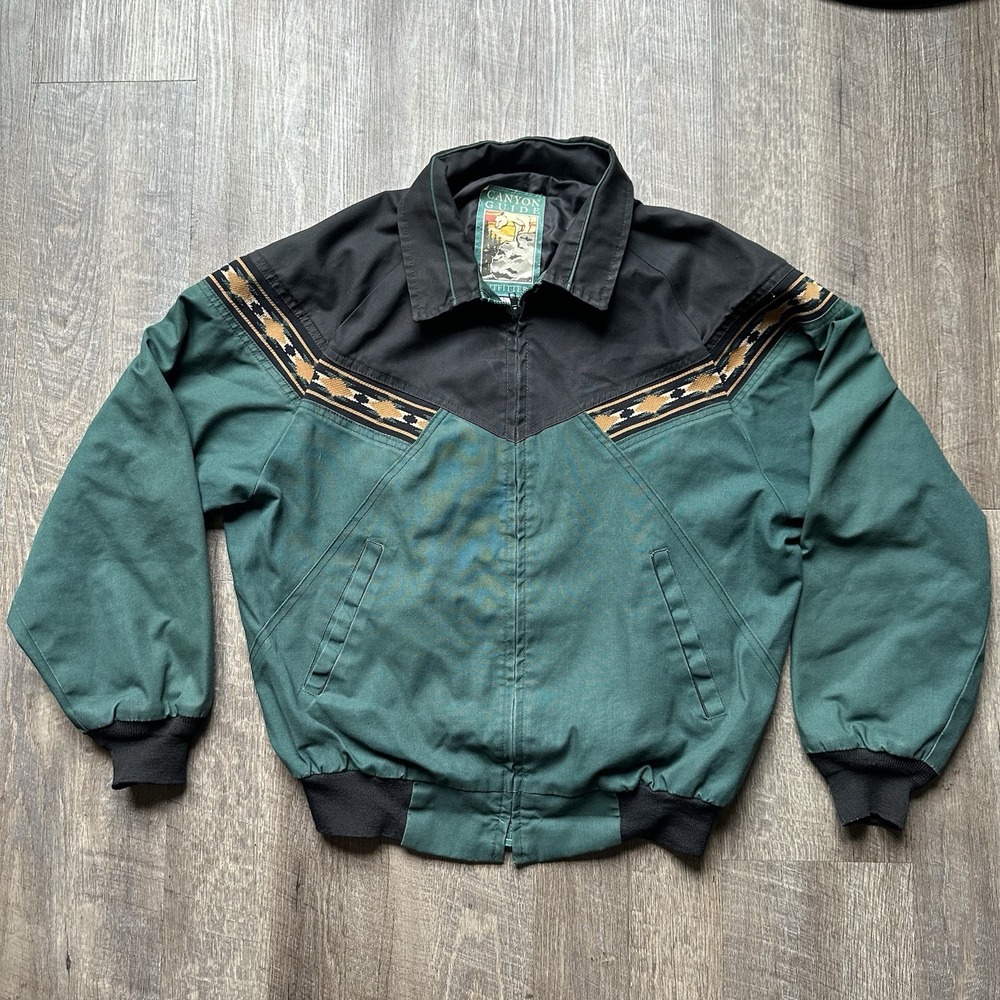 Canyon Guide Outfitters Jacket Sz Large Green Black Aztec Trim Southwest Vintage